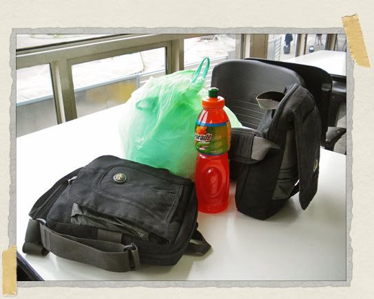 Our new luggage (seen here at the Bogata airport, surrounding a Gatorade and a bag of empanadas) 'Our new luggage (seen here at the Bogata airport, surrounding a Gatorade and a bag of empanadas)