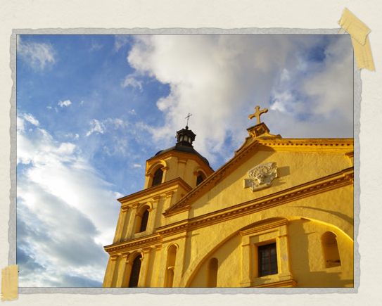 'The Church of Candeleria shows up brilliantly against the blue sky of a Bogota morning