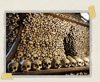 'One of the massive 'bells' composed of skulls and bones at Sedlec