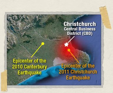 'Epicenters of the 2010 Canterbury and 2011 Christchurch earthquakes