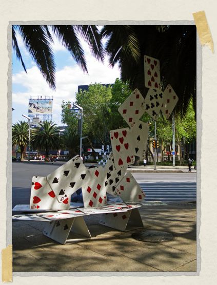 'A bench on Paseo de la Reforma in the shape of a deck of cards